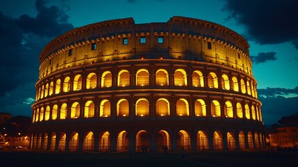 Naklejka premium colosseum italy at night illuminated landmark architecture historic monument ancient roman style glowing lights dusk twilight photography