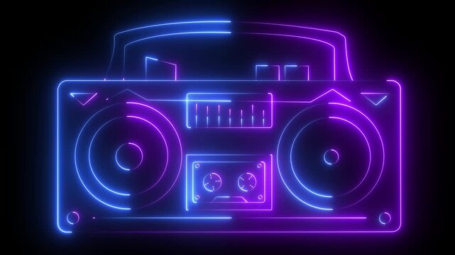 Retro Neon Radio And Cassette Stereo Recorder Animated glowing neon-style radio icon . Tape recorder neon sign board icon concept. Glowing neon radio icon isolated on black background.