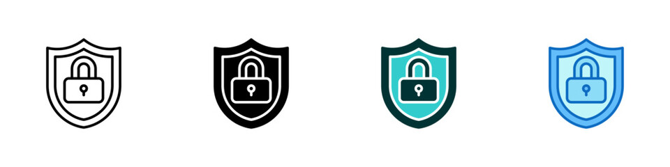 Shield Lock Multiple Style Icon Sheet Design Vector - padlock inside circular line, representing cybersecurity, data protection, and system defense