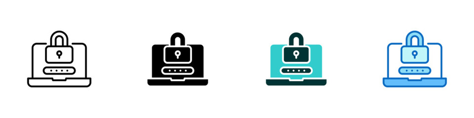 Laptop Lock Multiple Style Icon Sheet Design Vector - laptop with a password field and padlock, representing device security, login protection, and data privacy