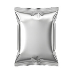 Blank metallic silver foil snack pouch mockup with crinkled texture and sealed edges Transparent PNG