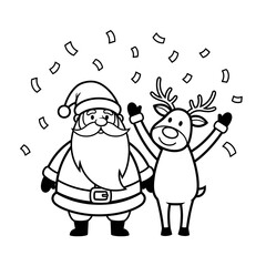 Santa Claus and Reindeer with Confetti, Black and White Outline