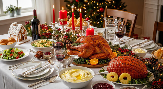 Traditional Christmas Dinner Table with Festive Food