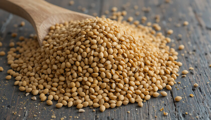 Obraz premium A wooden spoon scoops up a pile of tan lentils