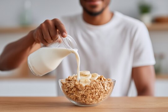 African American man pouring milk into a bowl of cereal with sliced bananas, creating a delicious breakfast scene in a bright kitchen with wooden accents