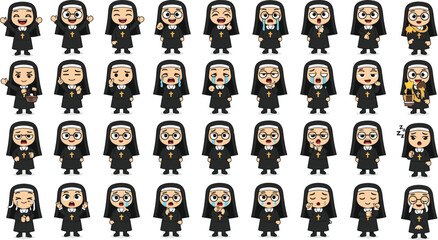 Cartoon nun character, black habit, emotional expressions, multiple poses, religious theme, vector illustration, animation set, cute style, spiritual concept, gesture pack