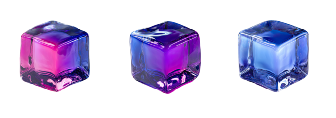 Three vibrant, cubic ice cubes of gradient colors
