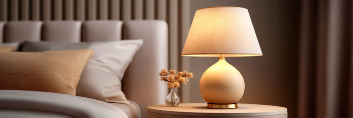 Modern hotel room interior design with cozy bed. Lamp light on bedside table. Relaxation and comfort in minimal home bedroom setting.