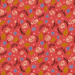 Seamless floral pattern with juicy red background 