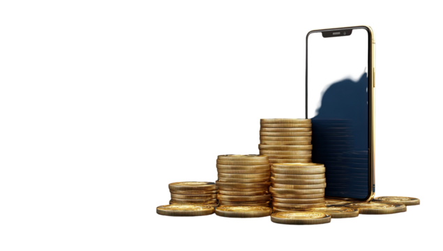 Smartphone with gold coins stacked in graph/growth style