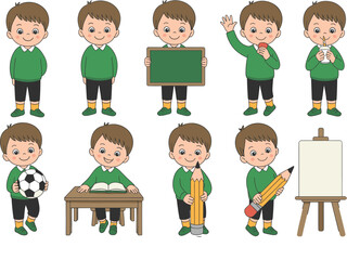 Cartoon school boy character, classroom activities, reading, writing, painting, holding objects, educational kids illustration, vector art, learning concept