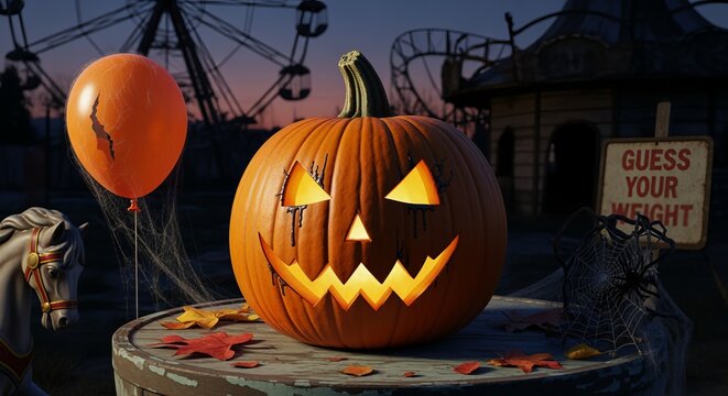 Carved Orange Pumpkin with Light, Halloween Carnival at Dusk