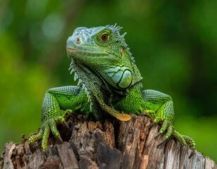 Obraz premium Green iguana perched on a log