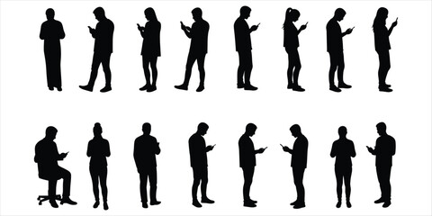 Collection of black silhouettes of people using smartphones on white background woman male