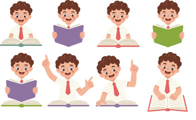 Cartoon school boy reading book, pointing finger, educational activity, classroom character, study pose, vector illustration, learning concept, student