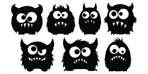 Collection Of Cute Black Cartoon Monsters With Big Eyes And Teeth silhouette