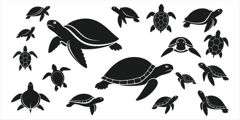 Collection of black turtle silhouettes in various sizes and poses on white sea turtle tortoise