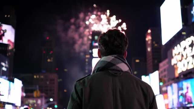 back of young man walking by massive digital billboards with fireworks, looking at phrase "happy hew year 2026" on display at NYC Times Square. public celebration, festive spirit, urban excitement