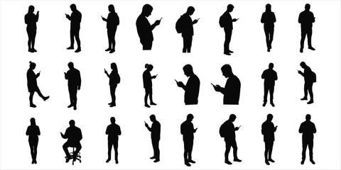 Collection of diverse human silhouettes interacting with smartphones on white background people woman