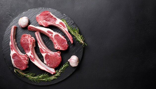 top view of raw lamb chops and fresh mutton cutlets on ribs with a dark background offering ample copy space image