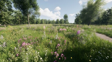 Obraz premium Vibrant Wildflower Meadow Landscape Summer Scenery