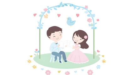 Charming couple illustration romantic setting digital art whimsical style sweet atmosphere