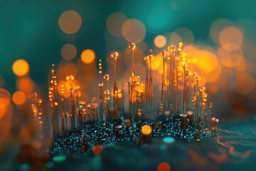 Abstract digital art depicting a futuristic cityscape with glowing orange towers and a teal background.