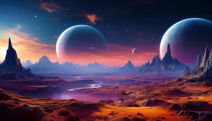 the image is showing a beautiful landscape of an alien planet with two moons in the sky