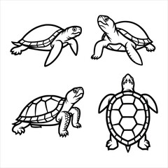Four turtles in different poses isolated on white background, showcasing their shells and flippers in a simple yet elegant black and white design