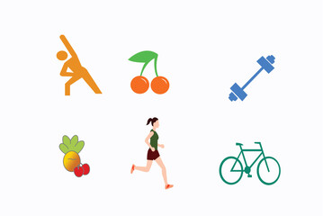 Healthy Lifestyle Icons – Fitness, Exercise, Fruits, Cycling, Running