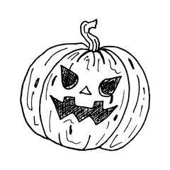 Hand-drawn illustration of Jack o lantern pumpkin, for Halloween. Image of a spooky pumpkin with an ominous smile in a scribble style. Engraving, coloring book, and festive decor
