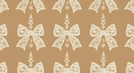 Repeating design of lace snowflakes and bows in white, kraft paper texture, soft shadows.