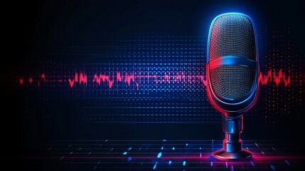 futuristic microphone with digital sound waves and neon lighting for audio technology and music production