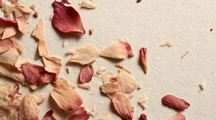 Scattered Dried Rose Petals on Pastel Wall Background, Handmade, Creative, and Artistic Illustration