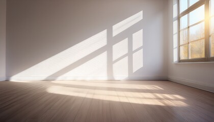 sunlit vacant room showcasing soft shadows on a white wall with light streaming through large windows creating an airy atmosphere