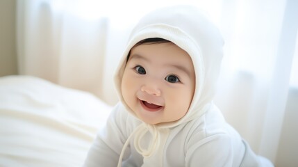 A baby wearing a white hooded outfit, sitting on a white bed with white curtains in the background.