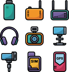 Collection of nine flat design technology icons including G P S and camera vector