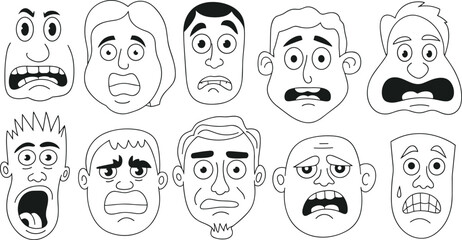 Cartoon vector faces of men showing emotional expressions, scared, angry, sad, surprised, crying, worried, confused, shocked, upset, panic