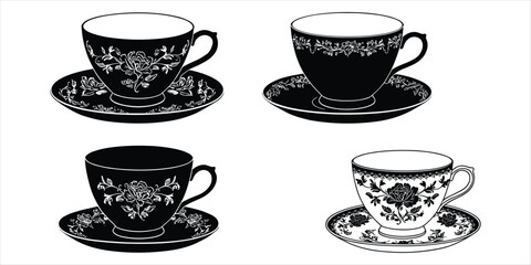 Four Black and White Illustrations of Vintage Teacups and Saucers with Floral Designs coffee cup tea set