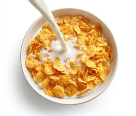 Milk pouring over golden corn flakes in a bowl