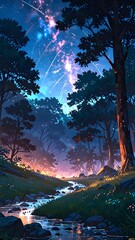 Anime forest dusk wallpaper for mobile with stream running though