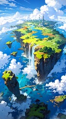 Floating fantasy sky island with waterfall and lake