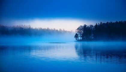 Fototapeta premium misty blue fog hovering over calm body of water with soft gradient of light breaking through the mist creating moody and serene atmosphere