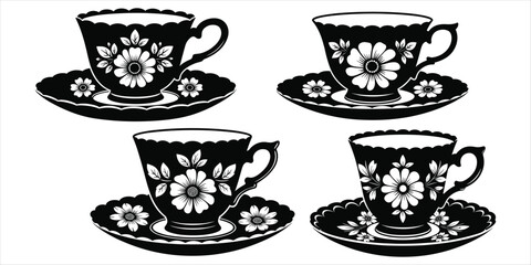 Four black and white teacups with floral patterns on saucers on white background coffee cup porcelain