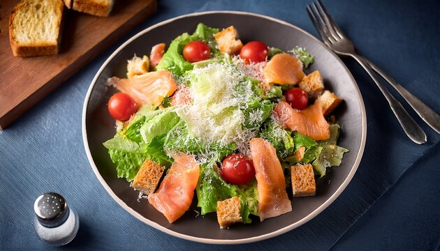 top view of a nutritious caesar salad with smoked salmon a variety of lettuce parmesan cheese tomatoes crunchy croutons and a delicious dressing the image features selective focus and ample
