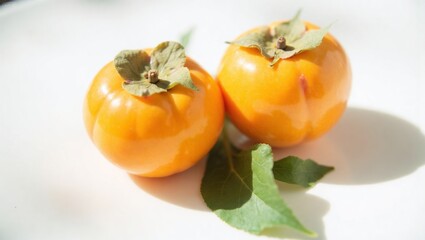 Two ripe persimmons with leaves