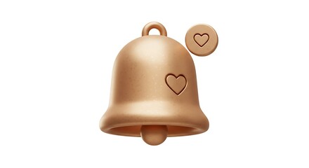 A realistic cute cartoon notification bell with a tiny heart symbol engraved, metallic shine and soft highlights, isolated on a white background.