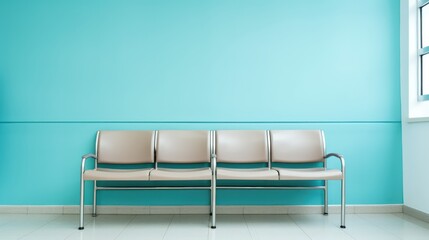 A blue chair with a white cushion in a hospital waiting room.