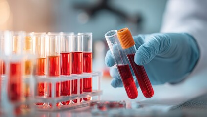 Close-up of lab worker holding blood samples
