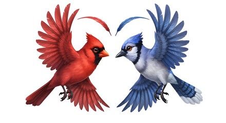 Fototapeta premium Two realistic cute cartoon birds forming a heart shape with their wings in mid-air, delicate feathers detailed, soft flying motion, isolated on a white background.
